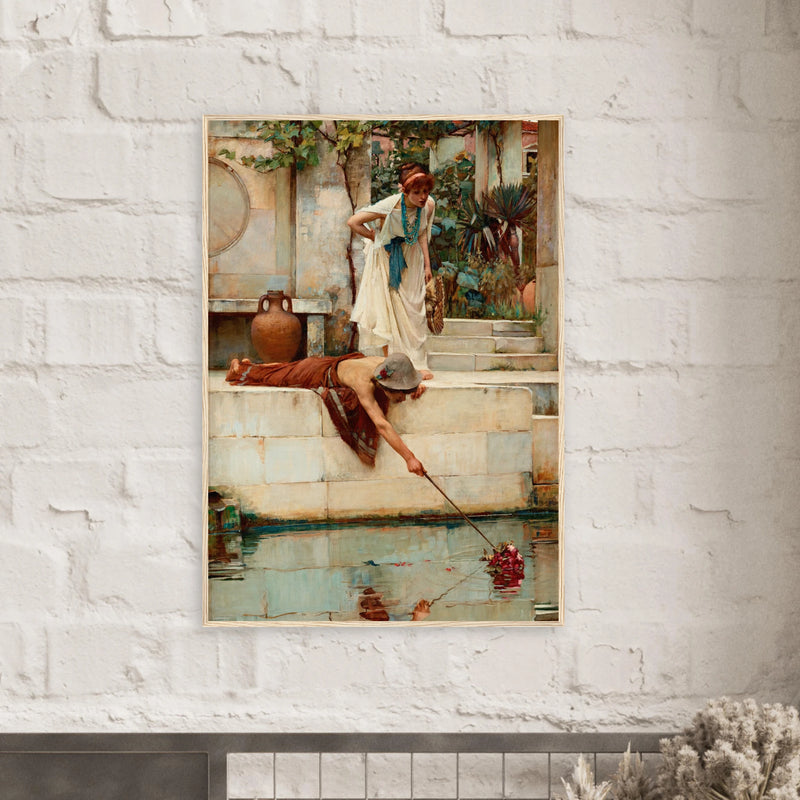 Le Sauvetage de John William Waterhouse, oeuvre preraphaelite reproduite en poster d’art avec cadre en bois clair, pour decoration murale.