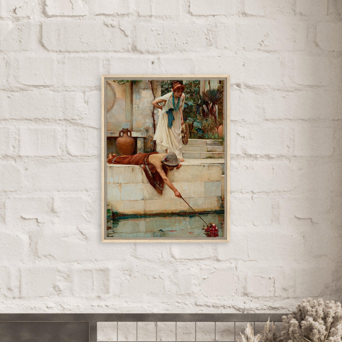 Le Sauvetage de John William Waterhouse, oeuvre preraphaelite reproduite sur toile avec cadre en bois clair, pour decoration murale.